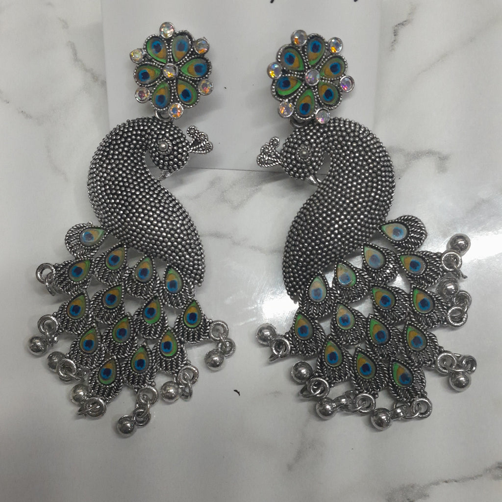 Zyra Bloom Royal Antique Oxidized Peacock Earrings with Meenakari Work