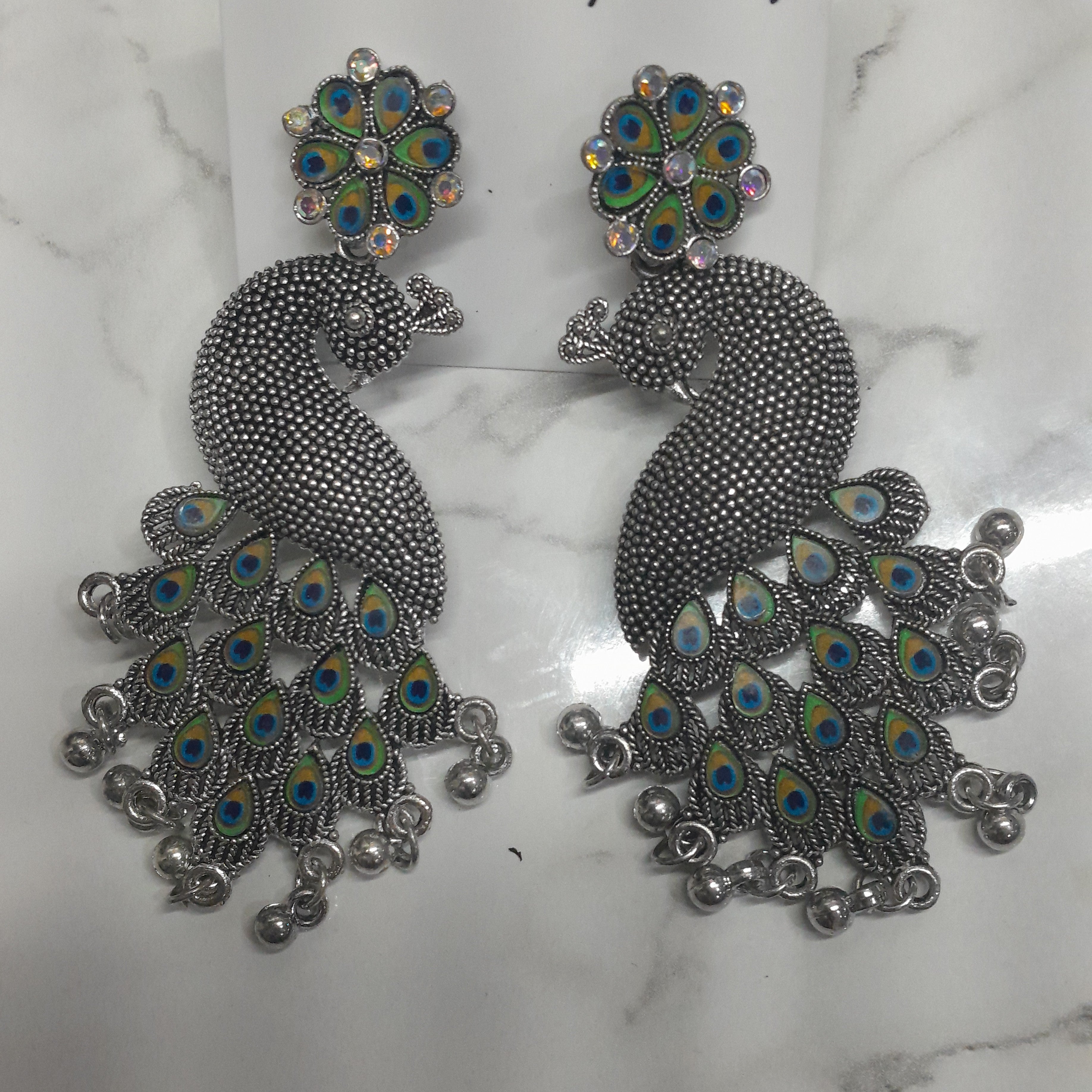 Zyra Bloom Royal Antique Oxidized Peacock Earrings with Meenakari Work