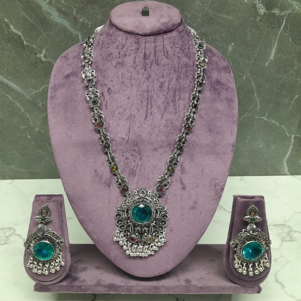Zyra Bloom Royal Blue Oxidised Necklace & Earrings Set