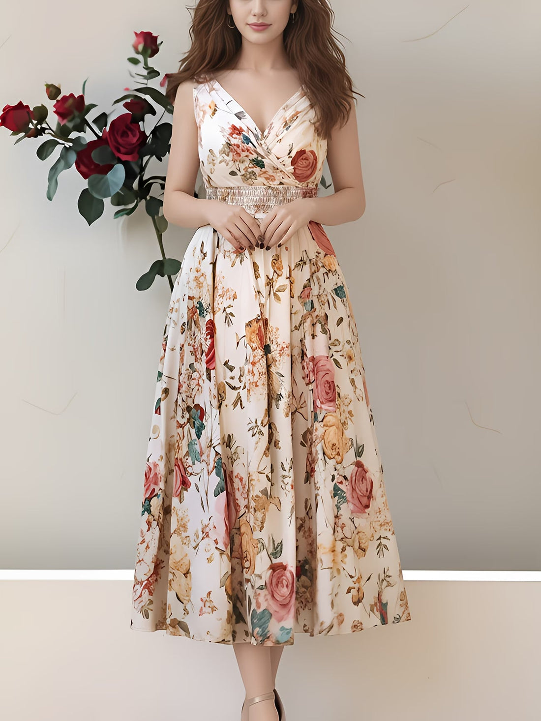 New Fashion Elegant Print Sleeveless V-Neck Wrap Dress