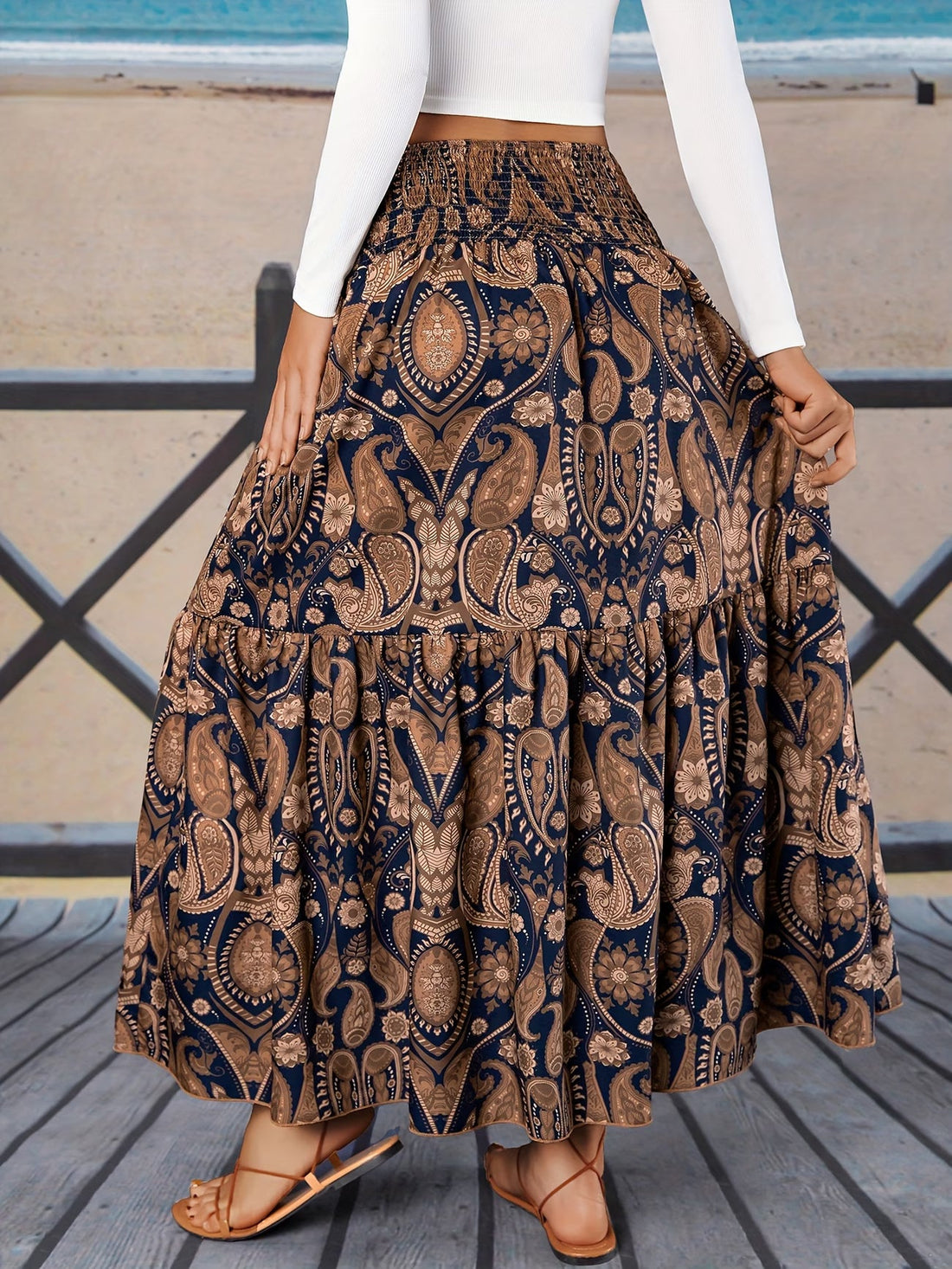 🌸 Women High Waist Tiered Flowy Brown Paisley Print Bohemian Maxi Skirt 🌸