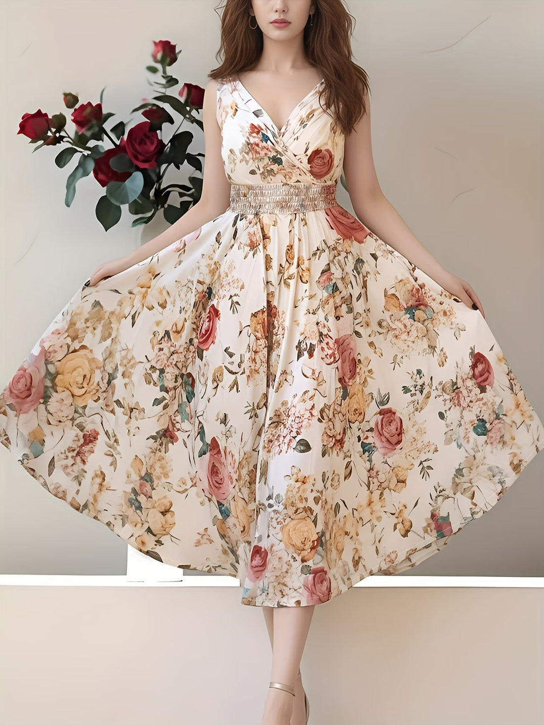 New Fashion Elegant Print Sleeveless V-Neck Wrap Dress