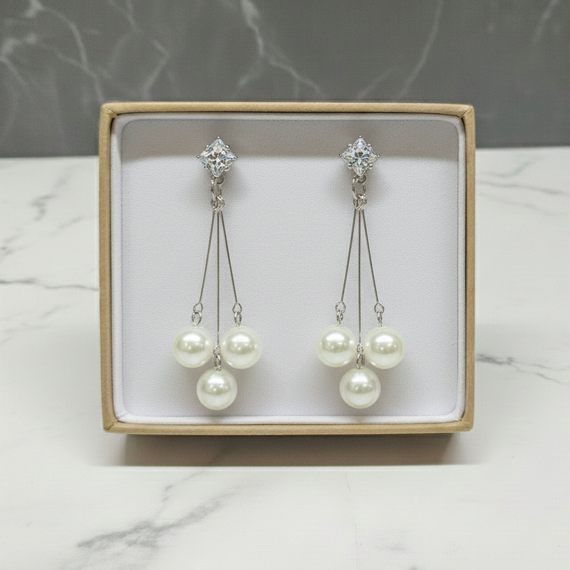 Crystal Stud Triple Pearl Drop Earrings