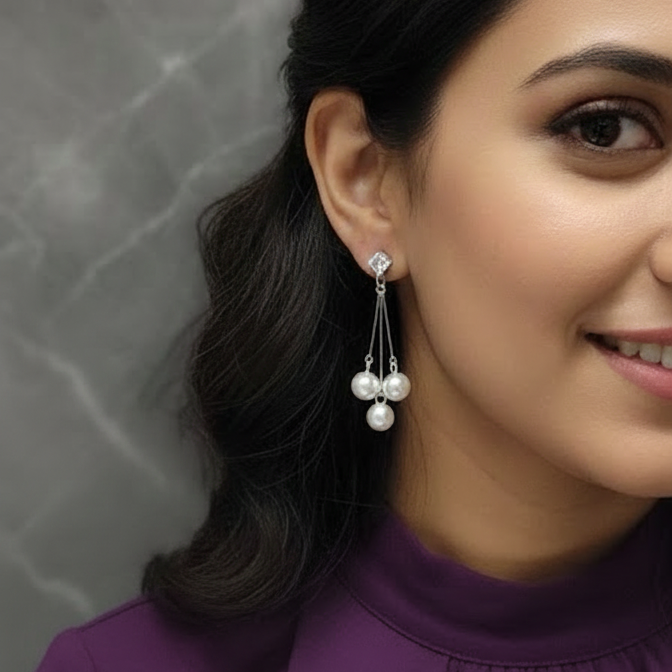 Crystal Stud Triple Pearl Drop Earrings