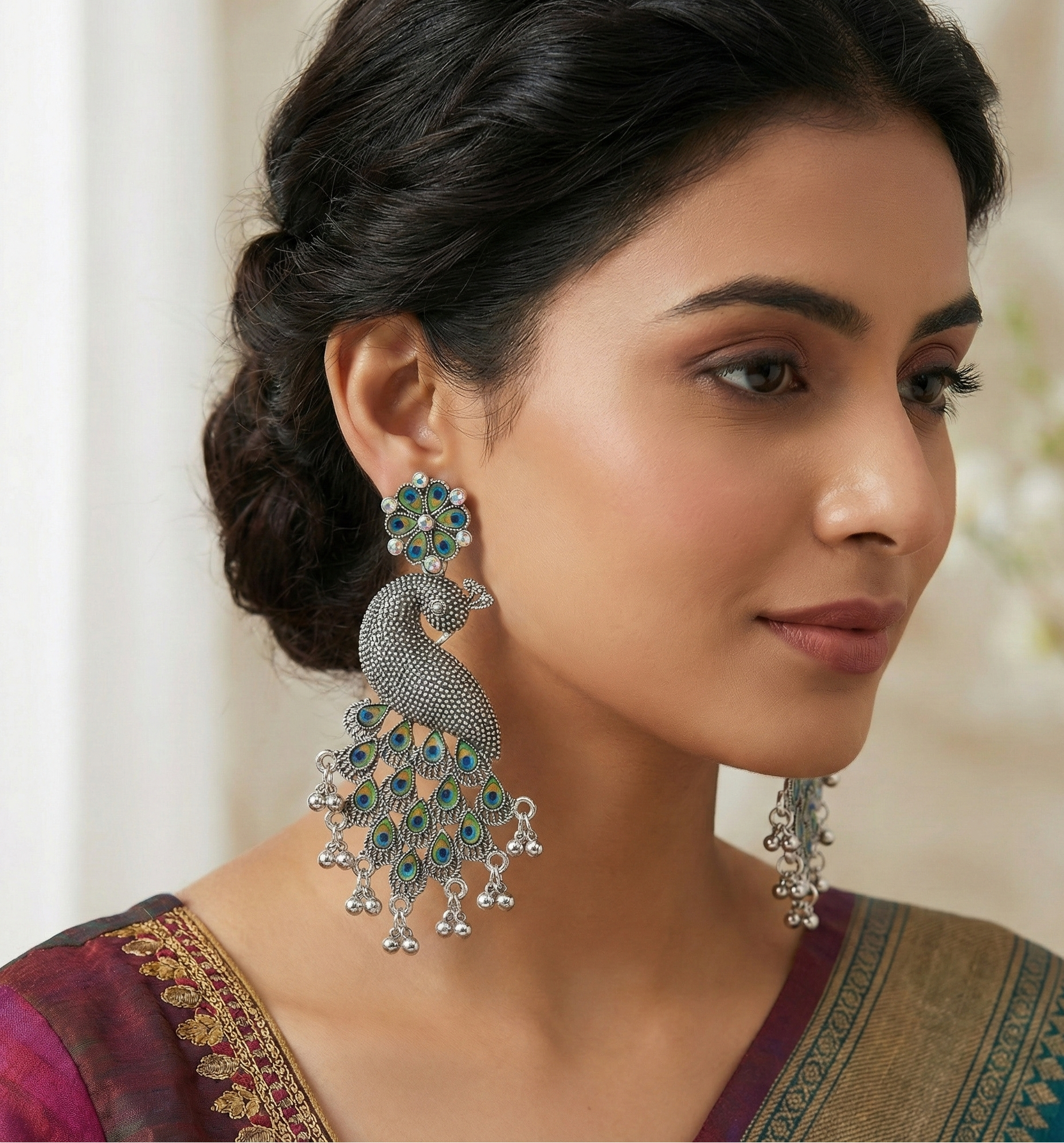 Zyra Bloom Royal Antique Oxidized Peacock Earrings with Meenakari Work