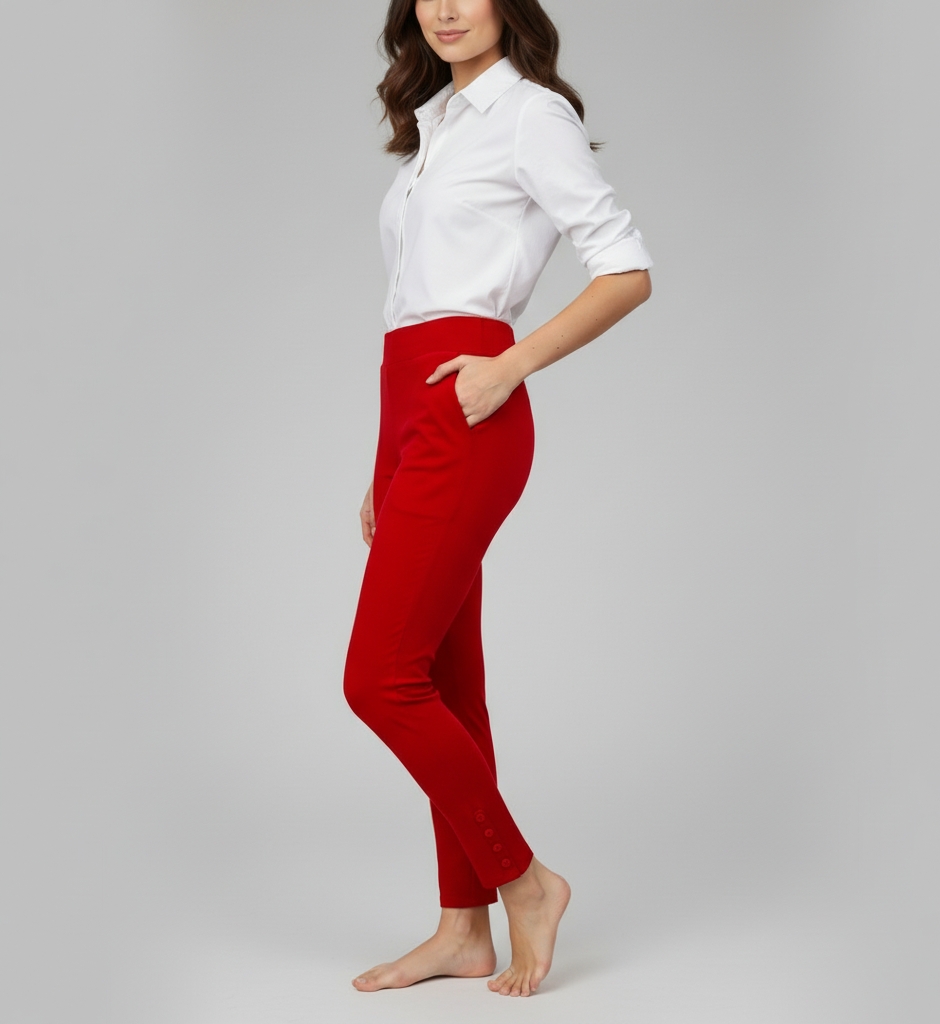 Crimson SleekFlex Button-Hem Stretch Potli Pants