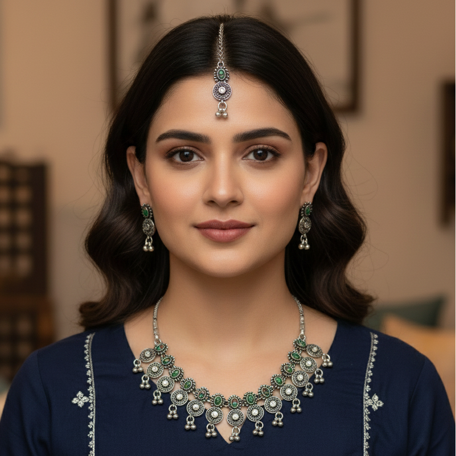 ZyraBloom Tribal Emerald Silver Set