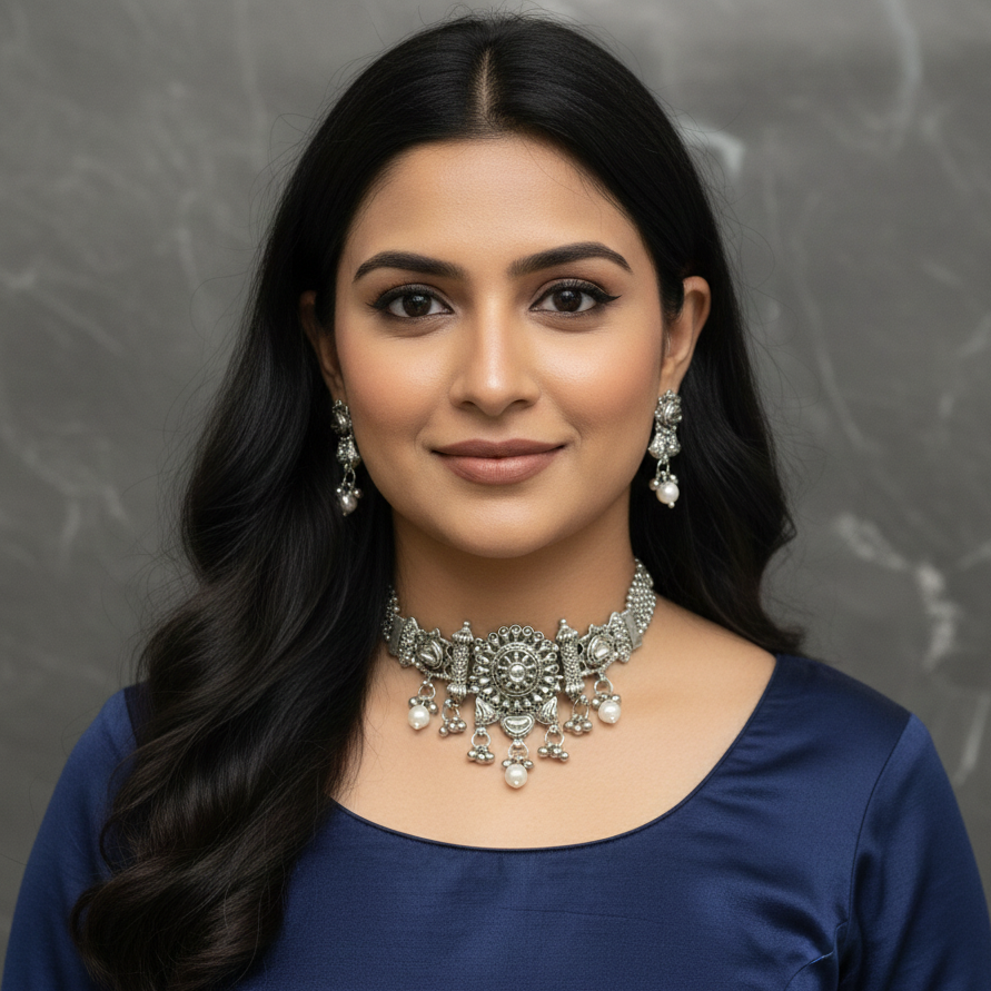 ZyraBloom Anaya Pearl Silver Choker Set