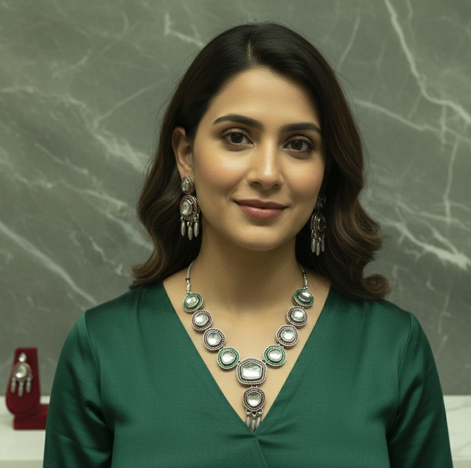 Vintage Polki Necklace with Matching Drop Earrings