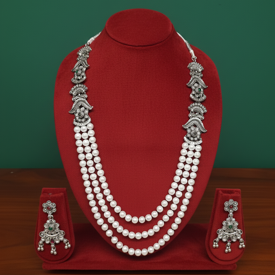 Zyra Bloom Maharani Pearl Oxidised Necklace Set