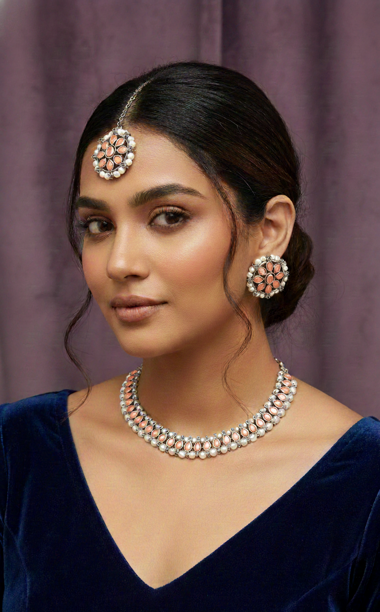 Zyra Bloom Rose Quartz Pearl Set