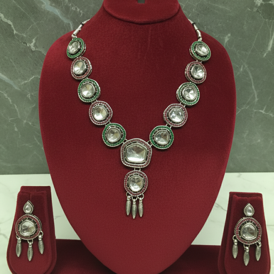 Vintage Polki Necklace with Matching Drop Earrings