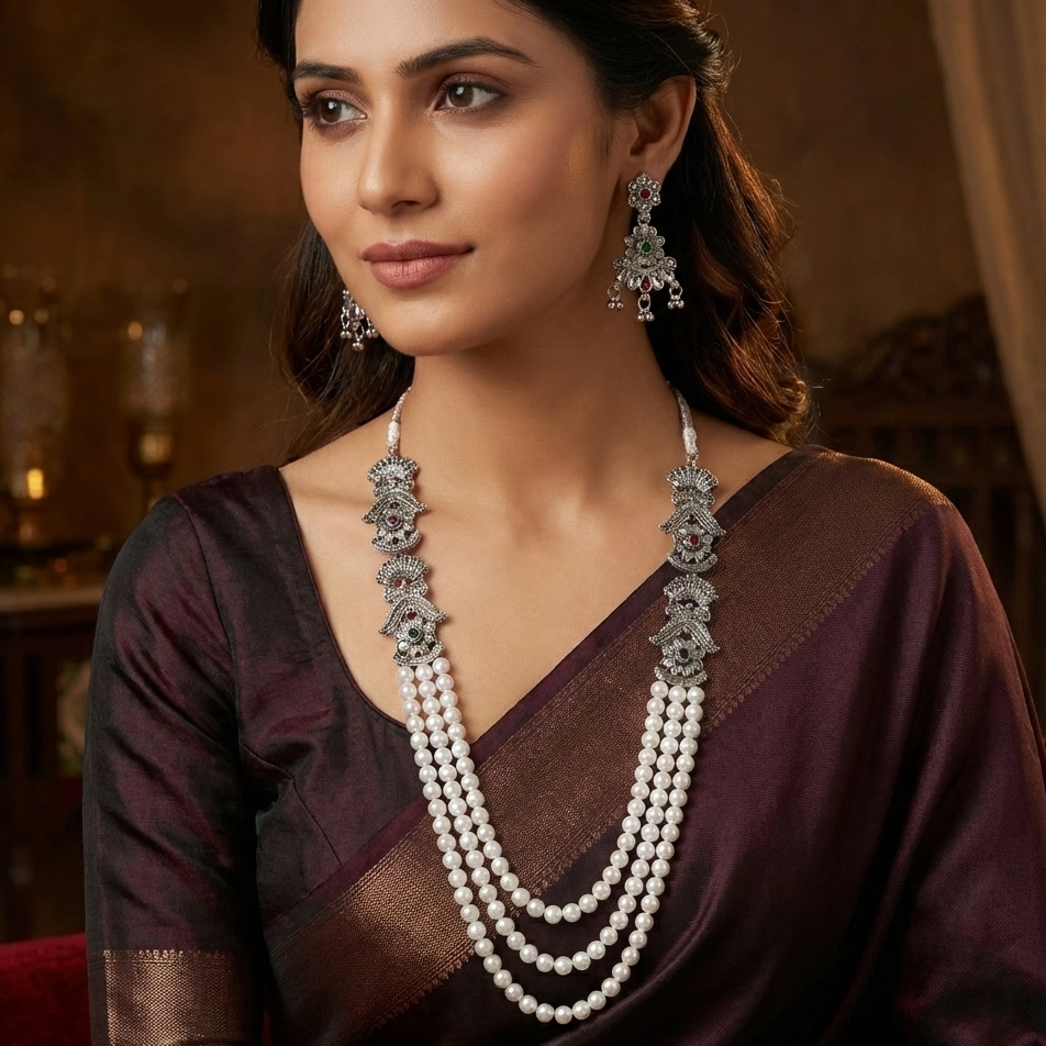 Zyra Bloom Maharani Pearl Oxidised Necklace Set