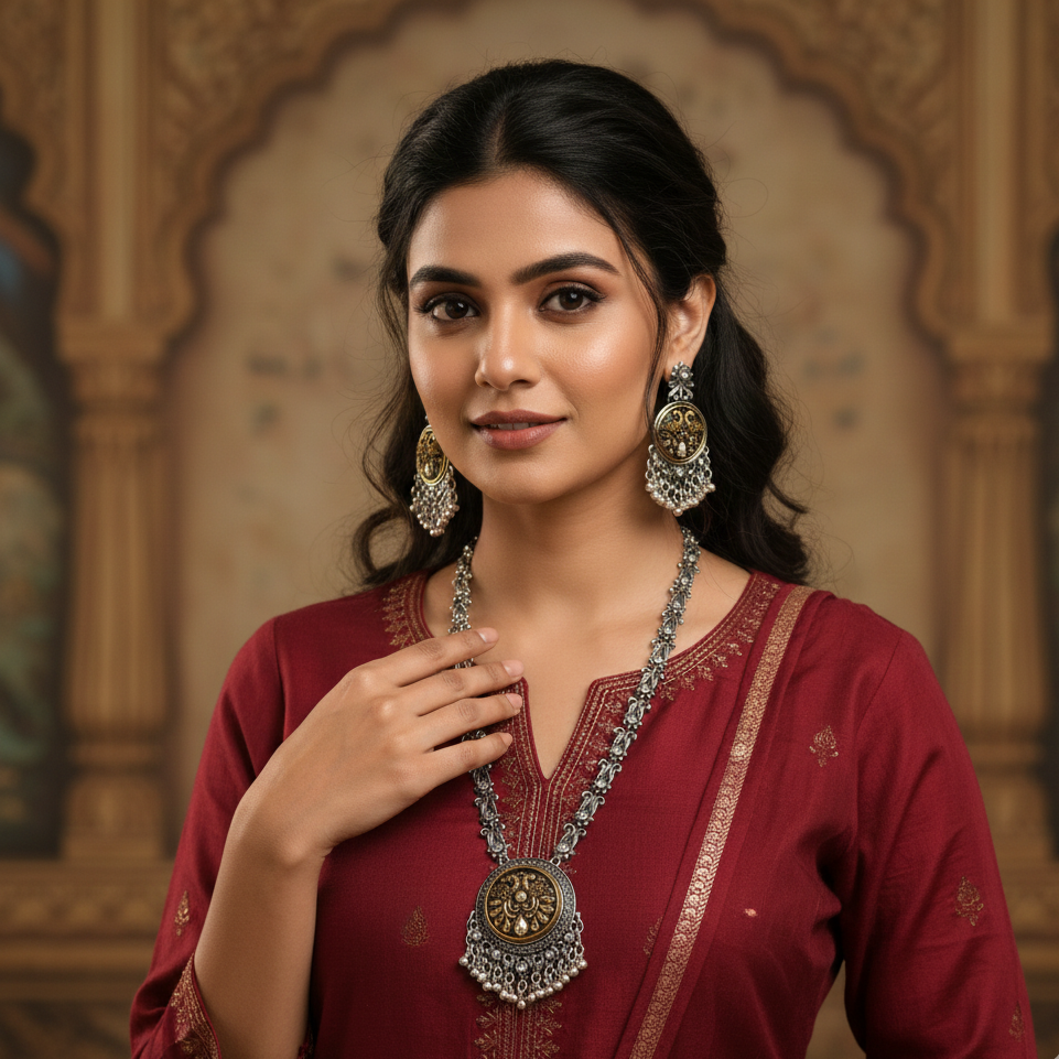 ZyraBloom Maharani Antique Silver Necklace Set