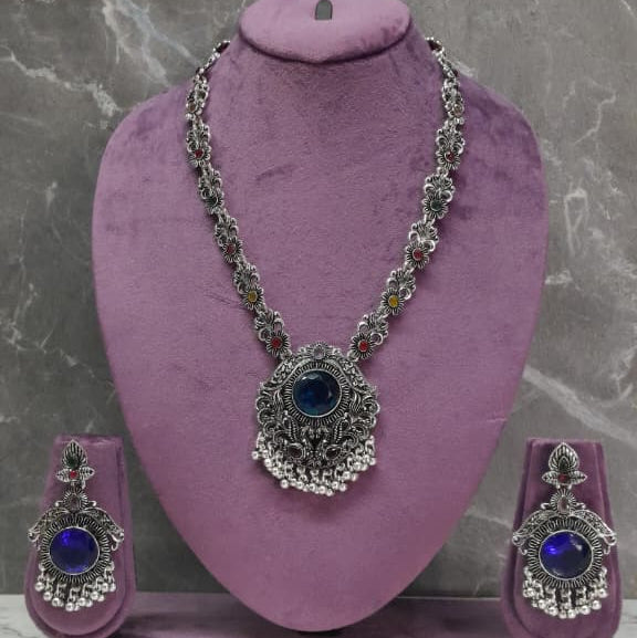 Zyra Bloom Royal Blue Oxidised Necklace & Earrings Set